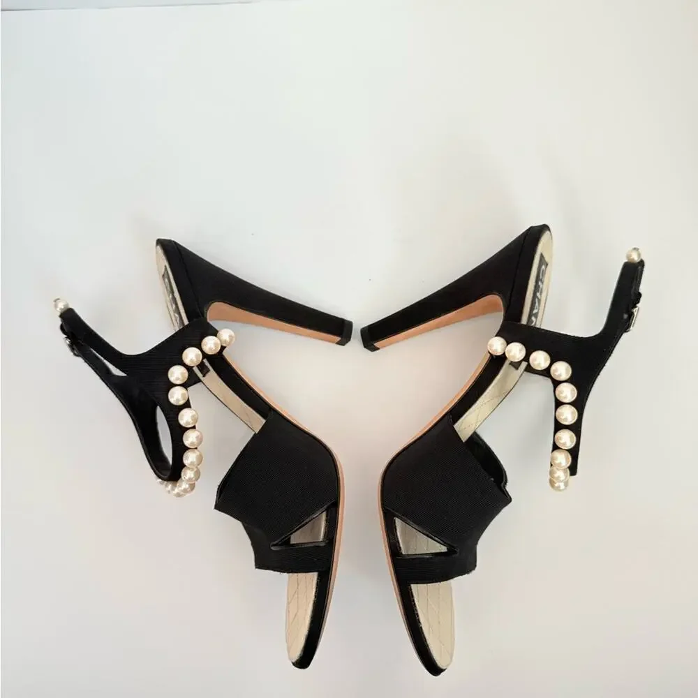 Chanel Black Grosgrain Pearl Slingback Heels Sandals CC Logo  EU 41